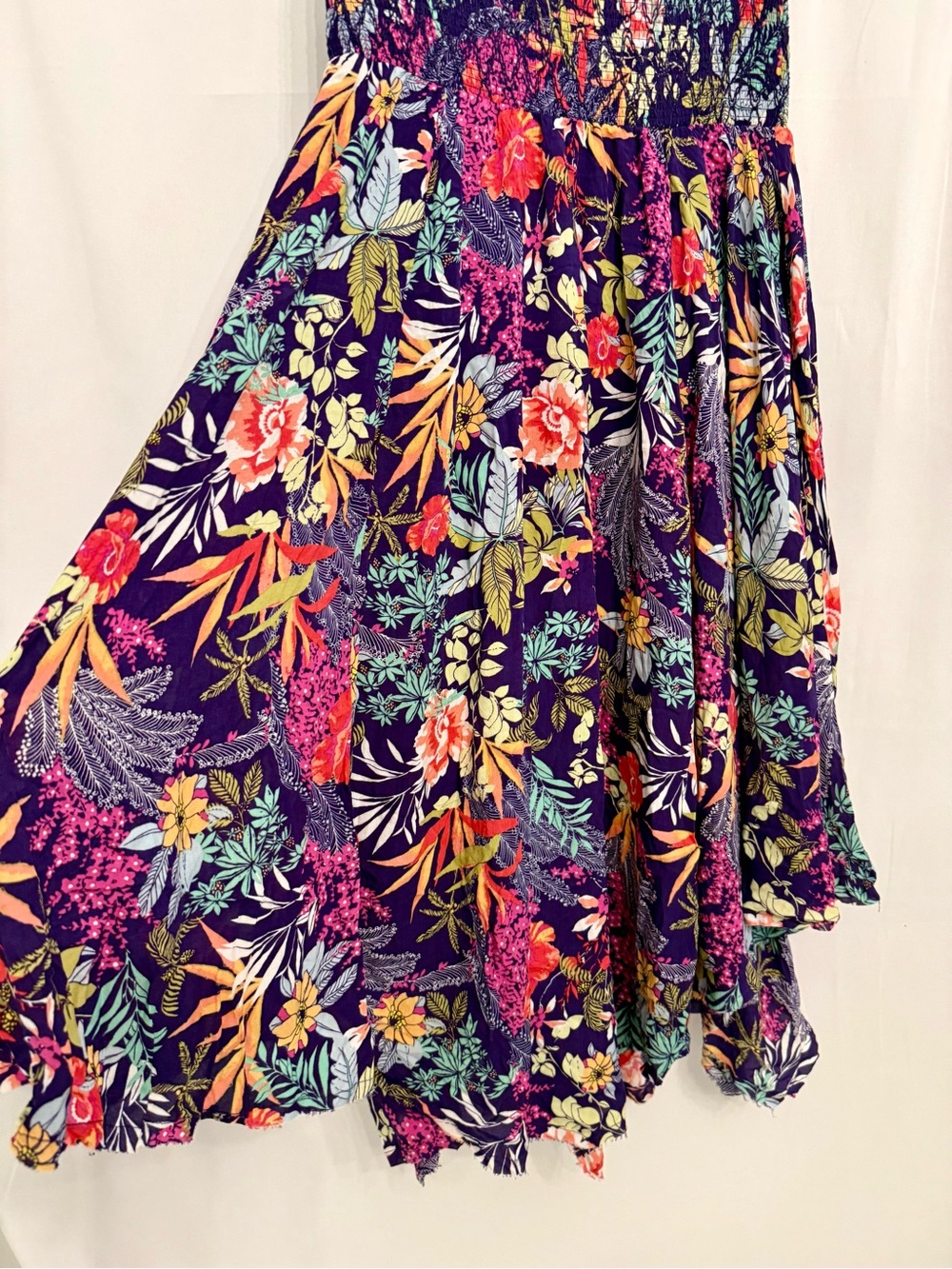 Free People Purple Floral Handkerchief Hem Smocked Asymmetrical Cotton Skirt M - Picture 5 of 17